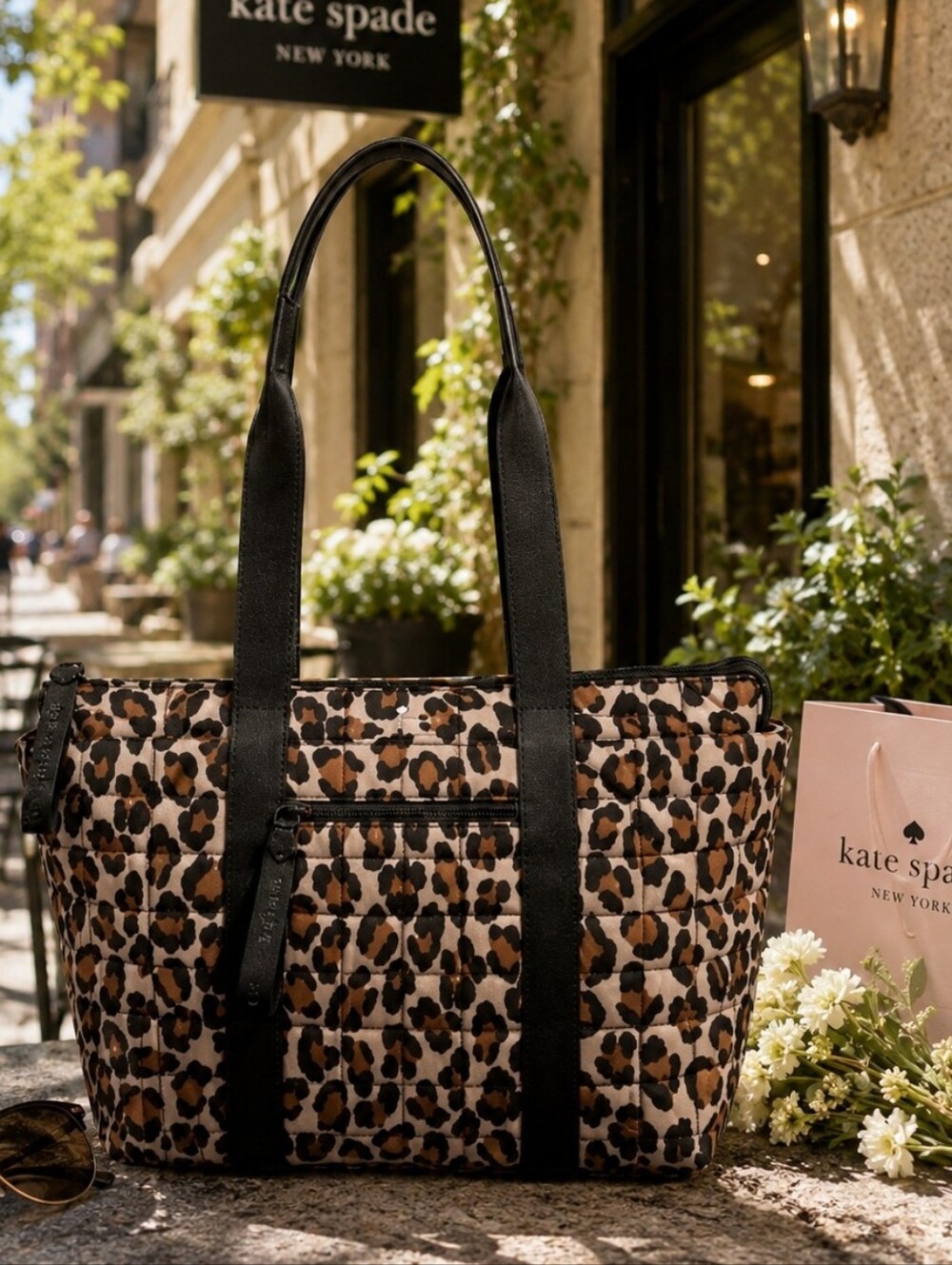 NWOT Kate Spade Leopard Print Quilted Tote Bag with Black Straps